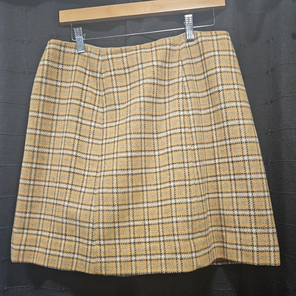 Vtg 60s Corner House Mustard Plaid Wool Tweed Mini Skirt Lined Metal Zipper L/XL - Picture 2 of 9